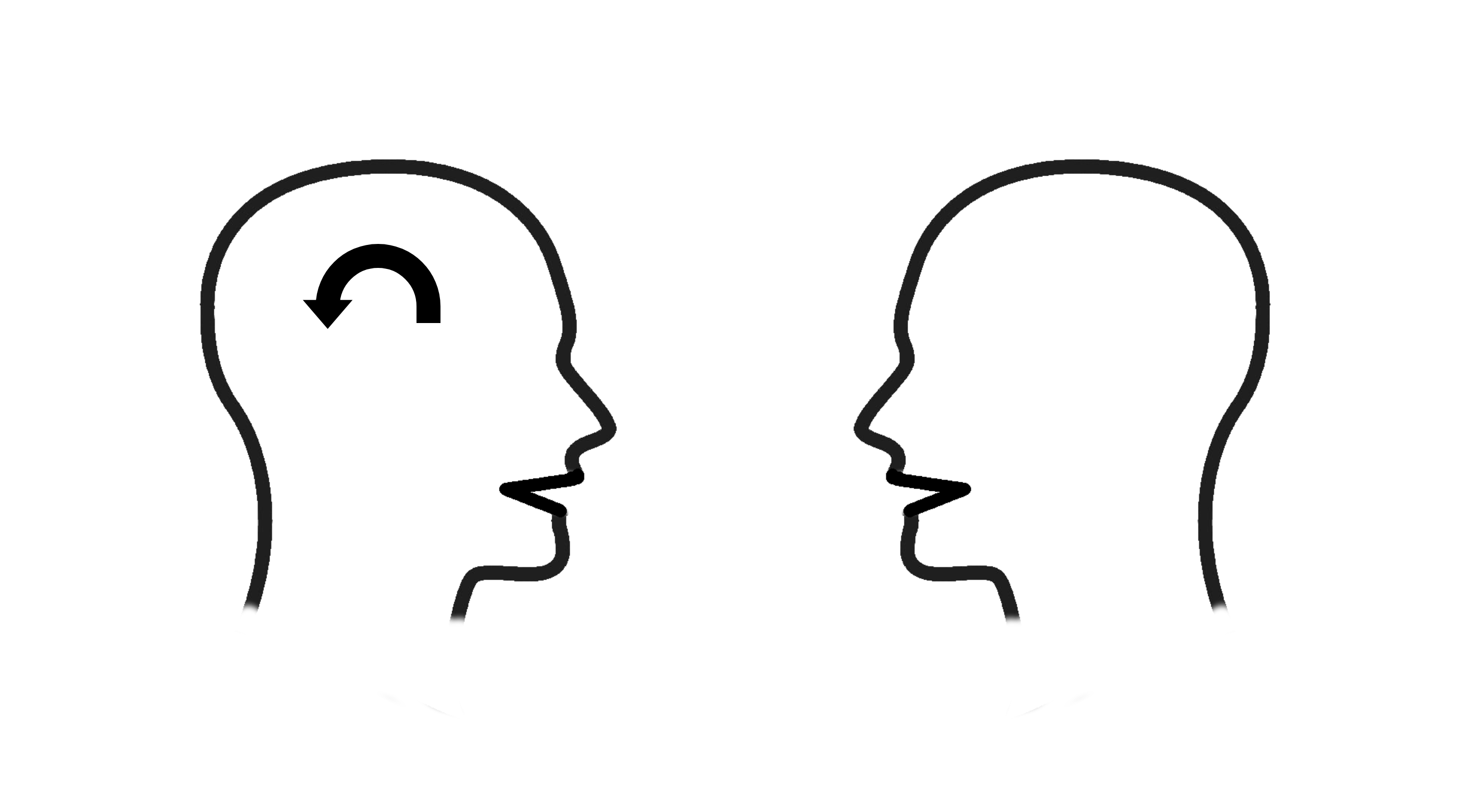 Image showing outline of head with a curved arrow in the head looking at another head which is facing it.
