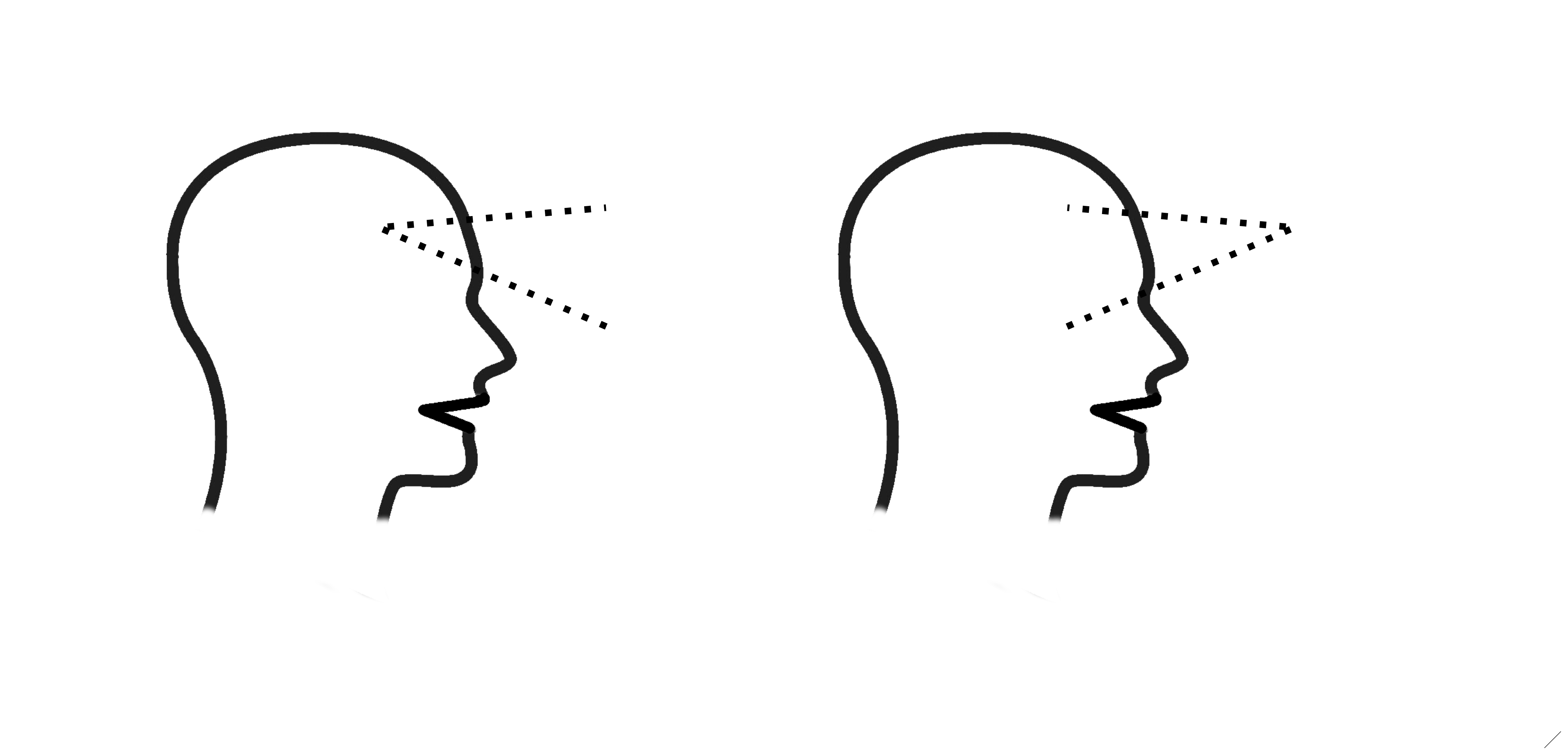 Outline image of two heads. The first head is widening its view (divergent thinking). The second head is converging.