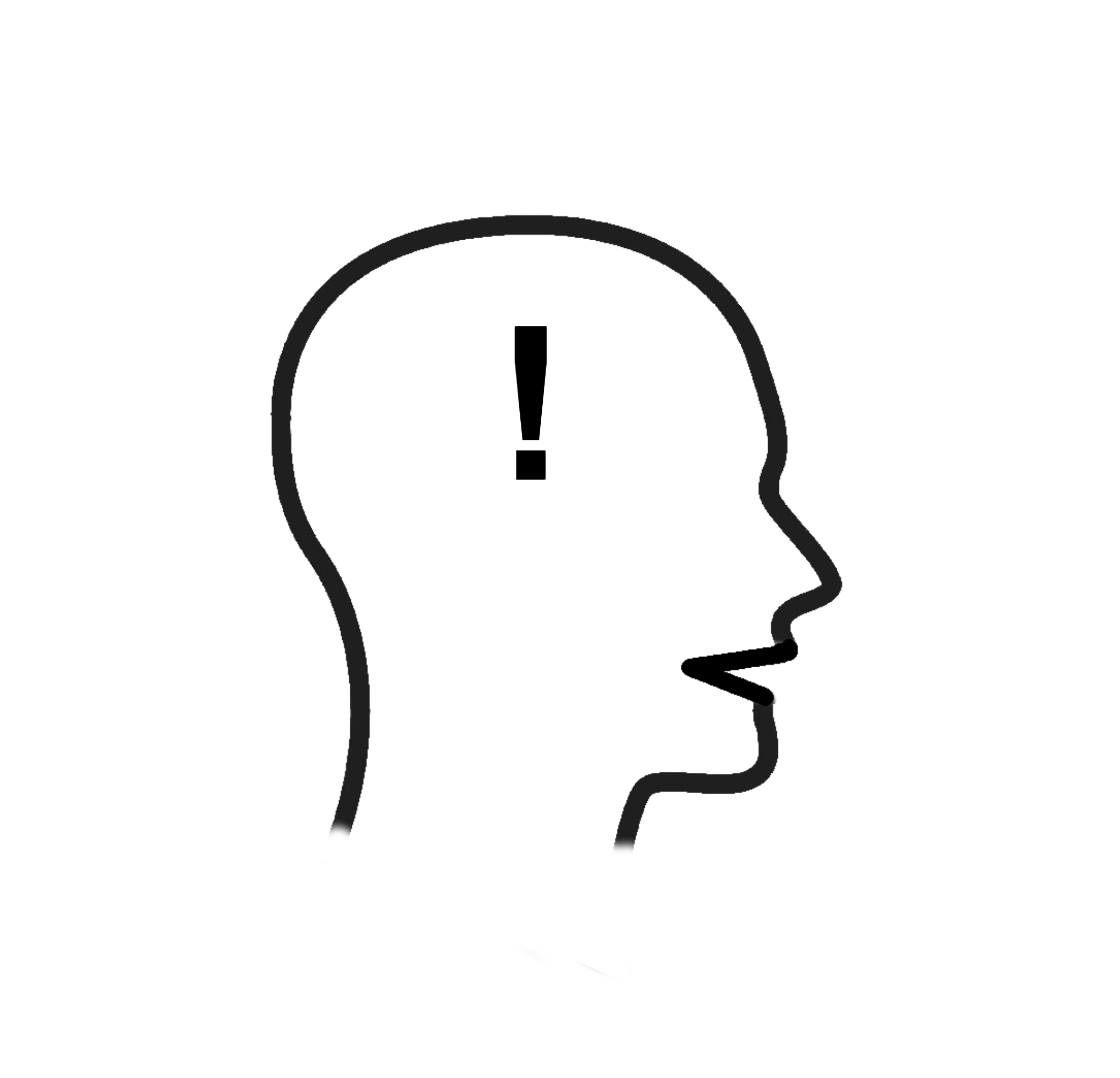 Outline image of a head with an exclamation mark inside the head signifying critical thinking.