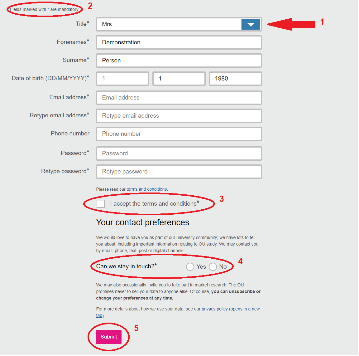 Filling in the create an account form.