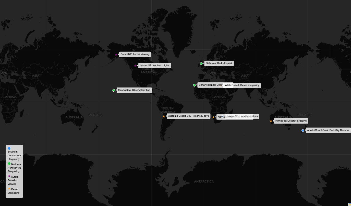 A map that highlights key locations with minimal light pollution and ideal stargazing.