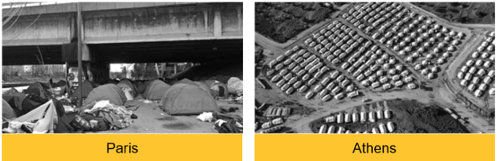 Images of refugee tent camps in Paris and Athens.
