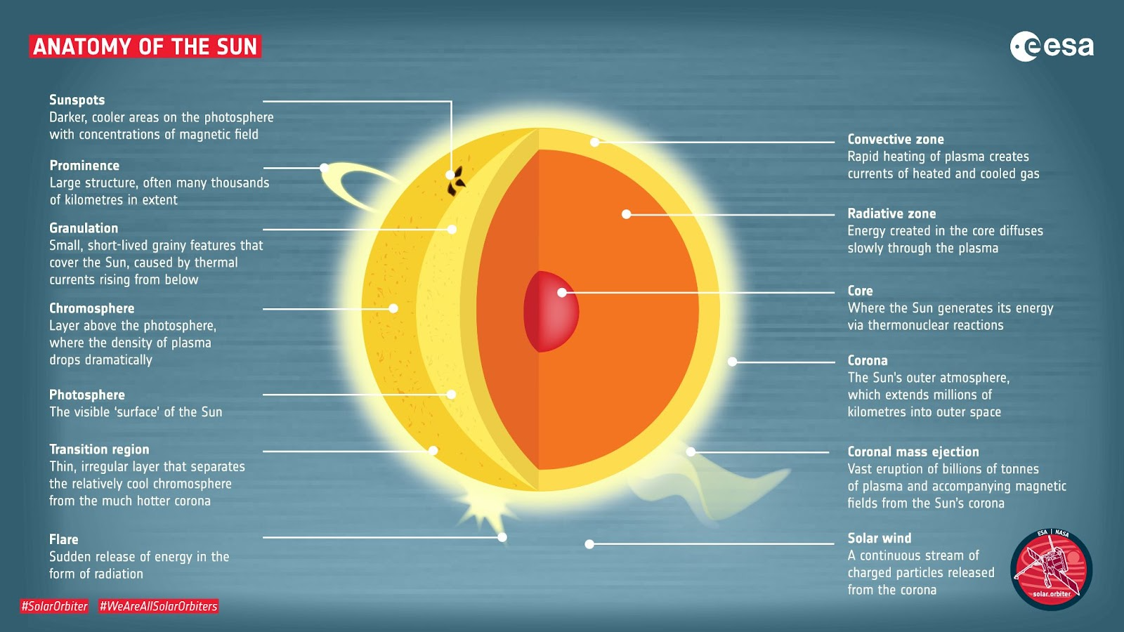 Anatomy of the sun. Showing the different layers of the sun to its core.