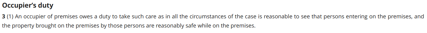 Screenshot of section 3 of Ocupiers Liability Act