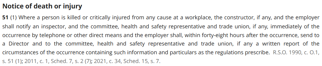 Screenshot of section 51 of the OHSA.