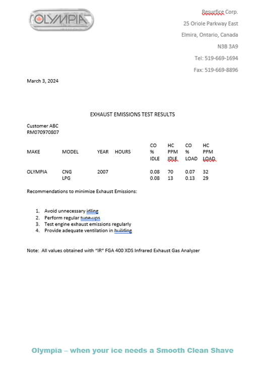 Example of an emissions test performed on an ice resurfacer.