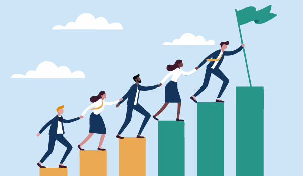 An illustrated group of four business professionals climbing upward on rising bar-chart steps, each helping the next person forward. At the top, a leader holds a flag, symbolising team progress and shared achievement.