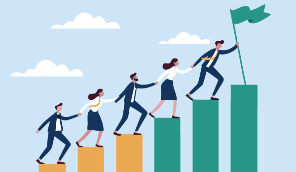 An illustrated group of four business professionals climbing upward on rising bar-chart steps, each helping the next person forward. At the top, a leader holds a flag, symbolising team progress and shared achievement.