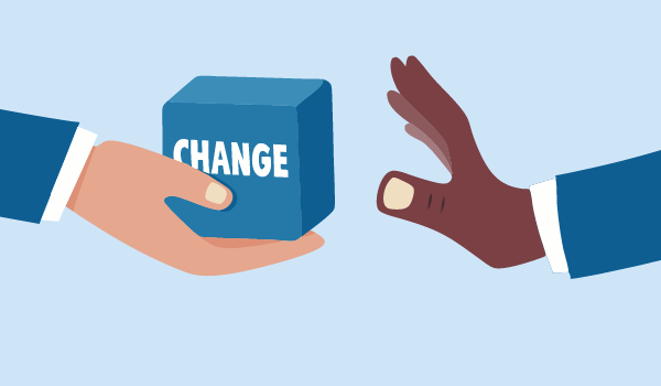 An illustration of one hand offering a blue cube labelled ‘CHANGE’ while another hand is open in what can either be seen as a gesture of refusal or to receive the ‘CHANGE’ cube.