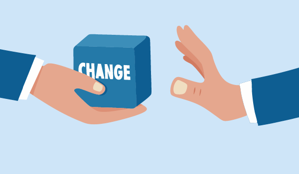 An illustration of one hand offering a blue cube labelled ‘CHANGE’ while another hand is open in what can either be seen as a gesture of refusal or to receive the ‘CHANGE’ cube.
