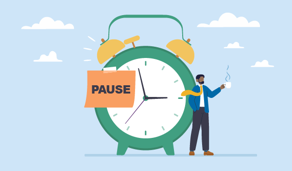 An illustration of a large analogue alarm clock with a sticky note reading ‘PAUSE’ on its face. A person stands beside the clock holding a cup of hot drink, appearing to take a break. There are clouds in the background.
