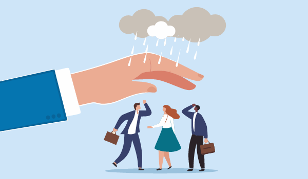 An illustration of a large hand, held overhead to shield three business people from a small rain cloud positioned above them.