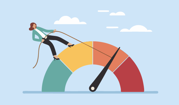 An illustration of a person pulling on a rope to move the needle of a large, multicoloured gauge.