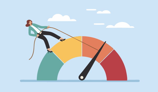 An illustration of a person pulling on a rope to move the needle of a large, multicoloured gauge.