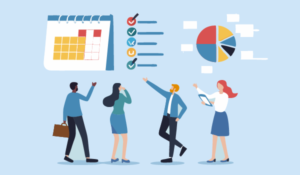 An illustration of four people standing beneath icons of a calendar, a checklist, and a pie chart, appearing to discuss or plan tasks together.