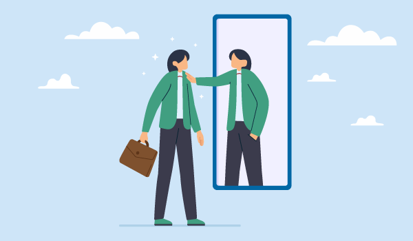 An Illustration of a person looking into a mirror with their reflection adjusting their collar.