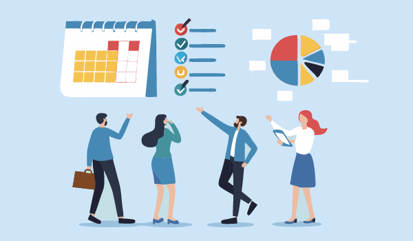 An illustration of four people standing beneath icons of a calendar, a checklist, and a pie chart, appearing to discuss or plan tasks together.