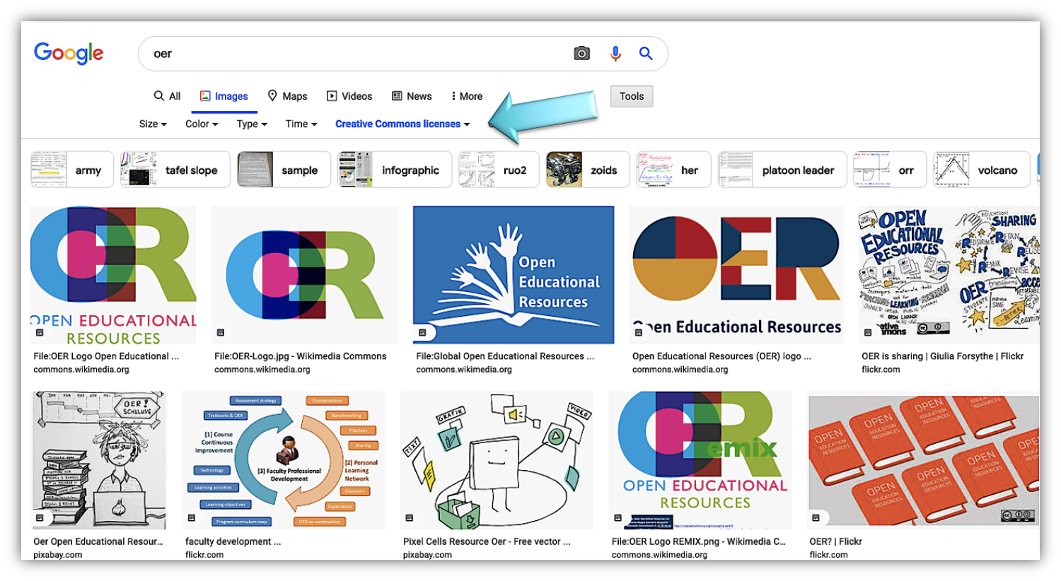 Screenshot of Google search: filtering an image related to OER.