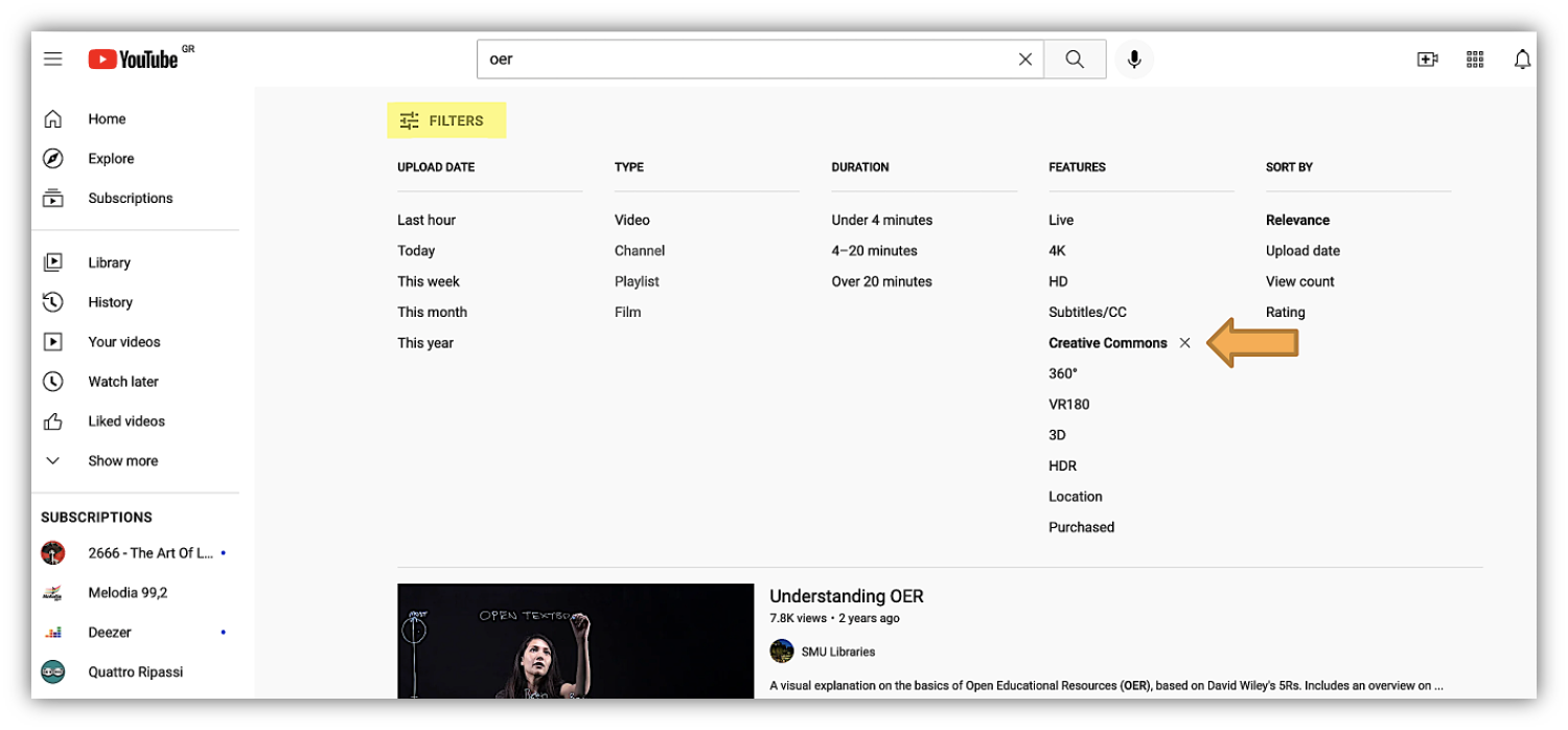 Screenshot of filtering in YouTube.