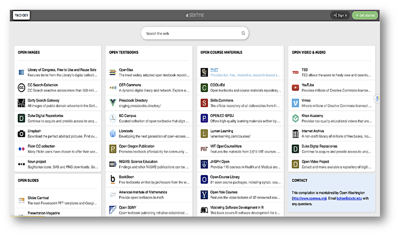 Screenshot of searching in Open Washington - Open Educational Resource Network. 