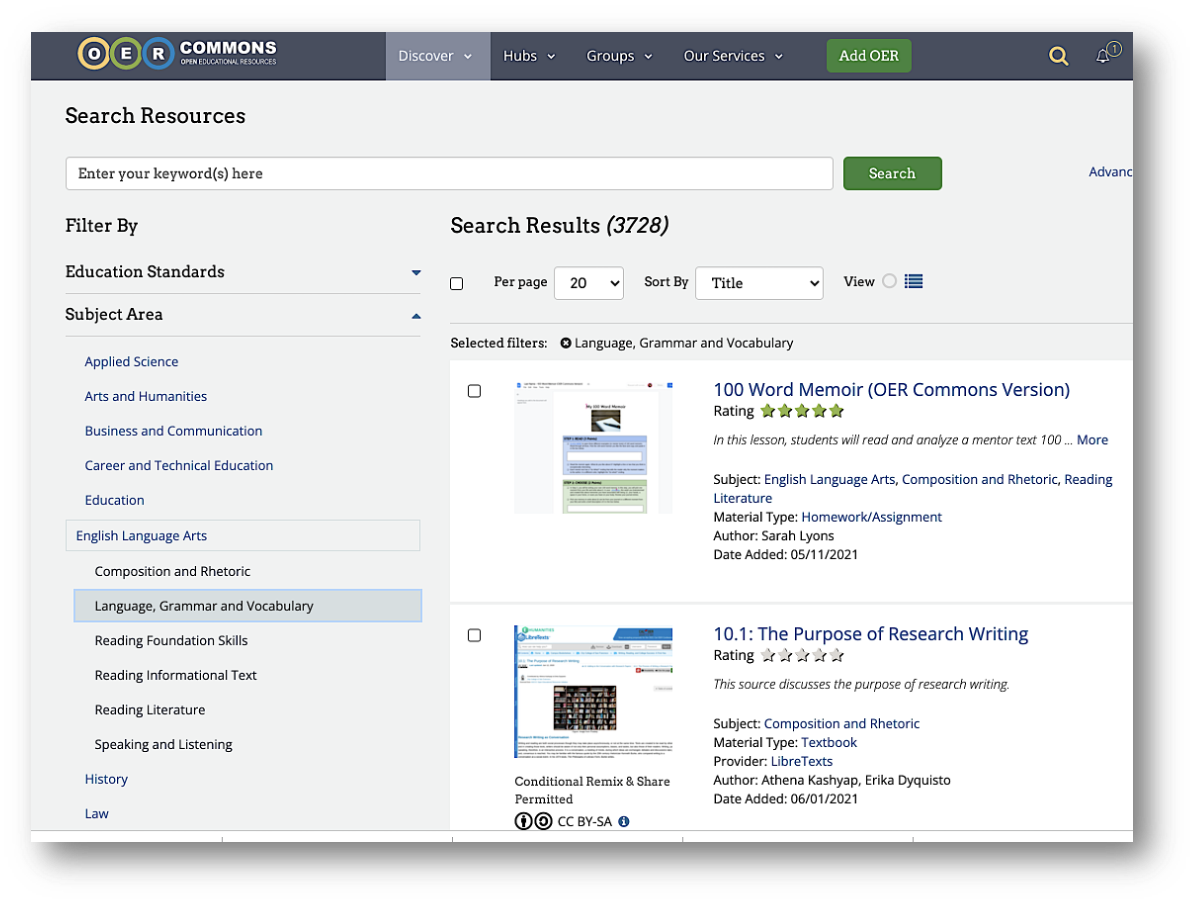 Screenshot of OER commons search results for subject English Language Arts. 