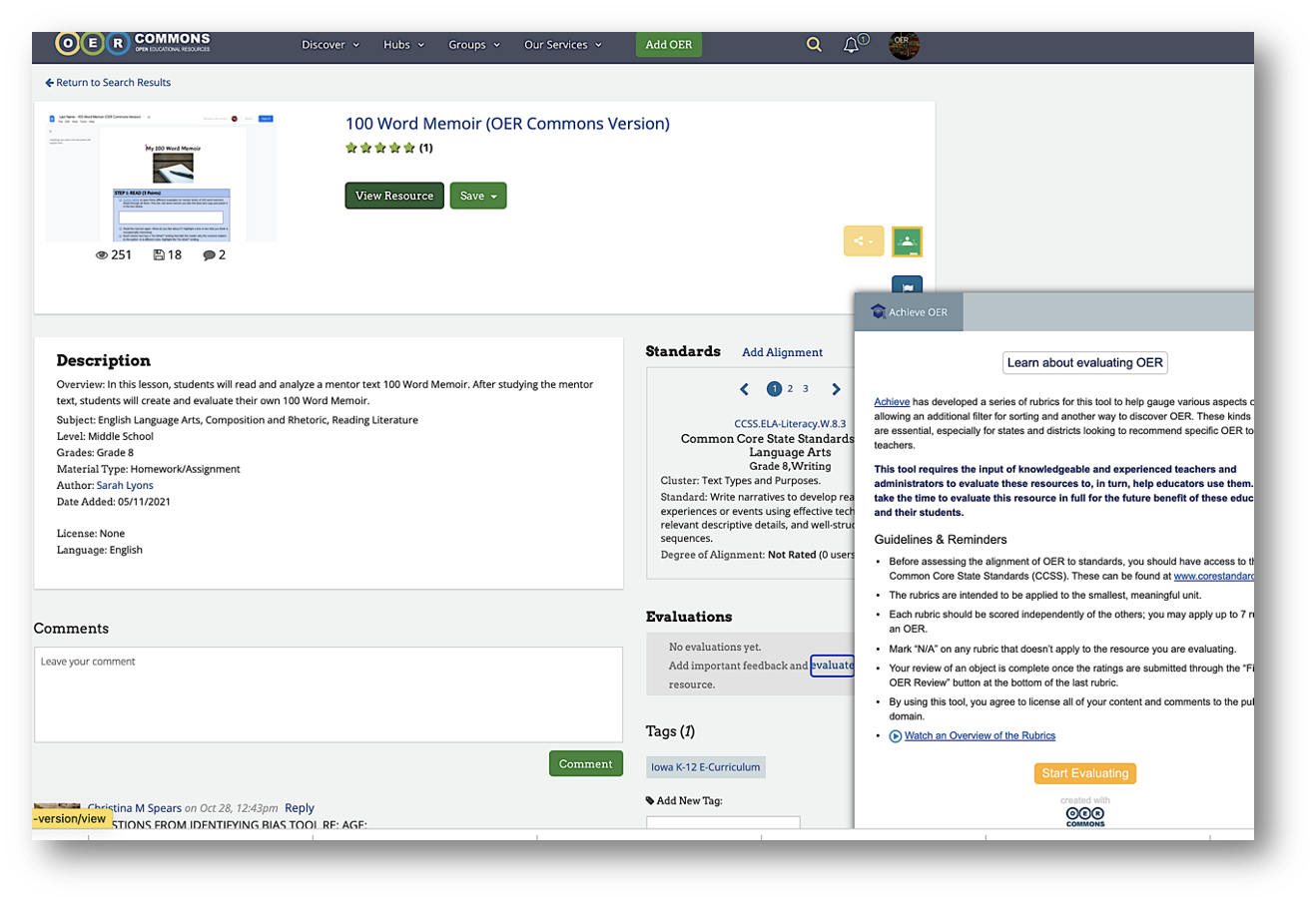 Screenshot of sample of a language OER showcasing OER Common’s evaluation options. 