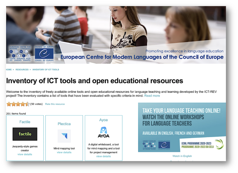 Screenshot of the ECML Inventory of Tools platform.