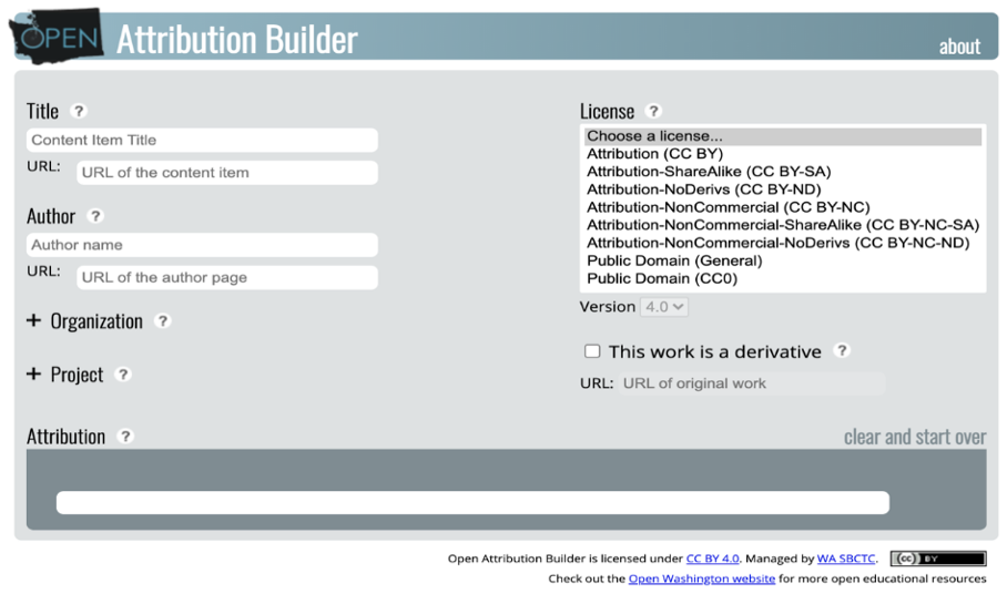 Screenshot of the Open Attribution Builder by Open Washington licensed under CC BY 4.0.