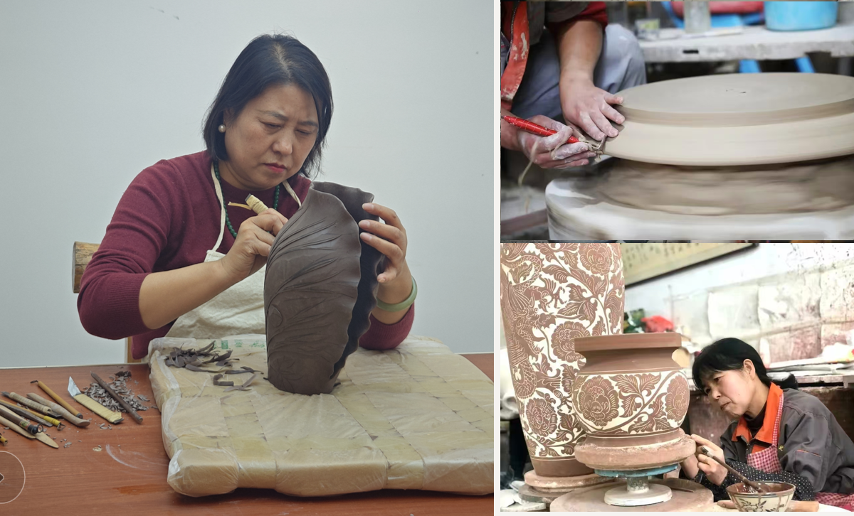 Collage of ceramic artisans at work: on the left, a woman carefully carves leaf-like details into a large clay form at a table; on the top right, hands trim a wide plate on a pottery wheel; on the bottom right, another artisan paints intricate floral patterns onto a large ceramic vessel.