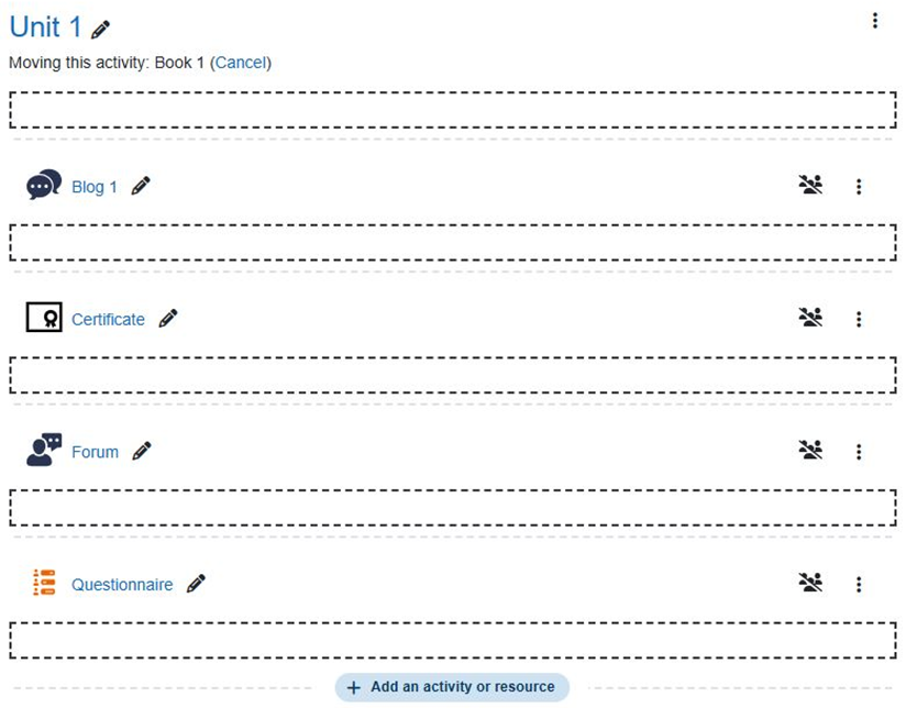 A screenshot of the course homepage showing spaces of where activities or resources can be moved to.