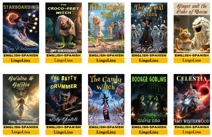 Example covers of 10 bilingual children's books in English and Spanish by LingoLina.