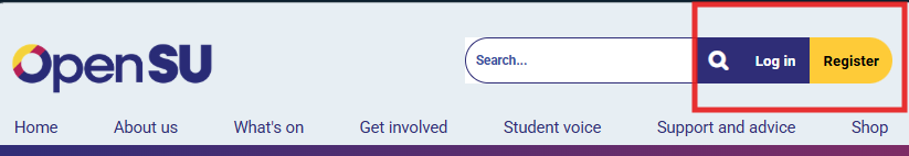 A screenshot showing the top banner of the oustudents.com website with a red square around the buttons that say 'login' and 'register' to show where to click.