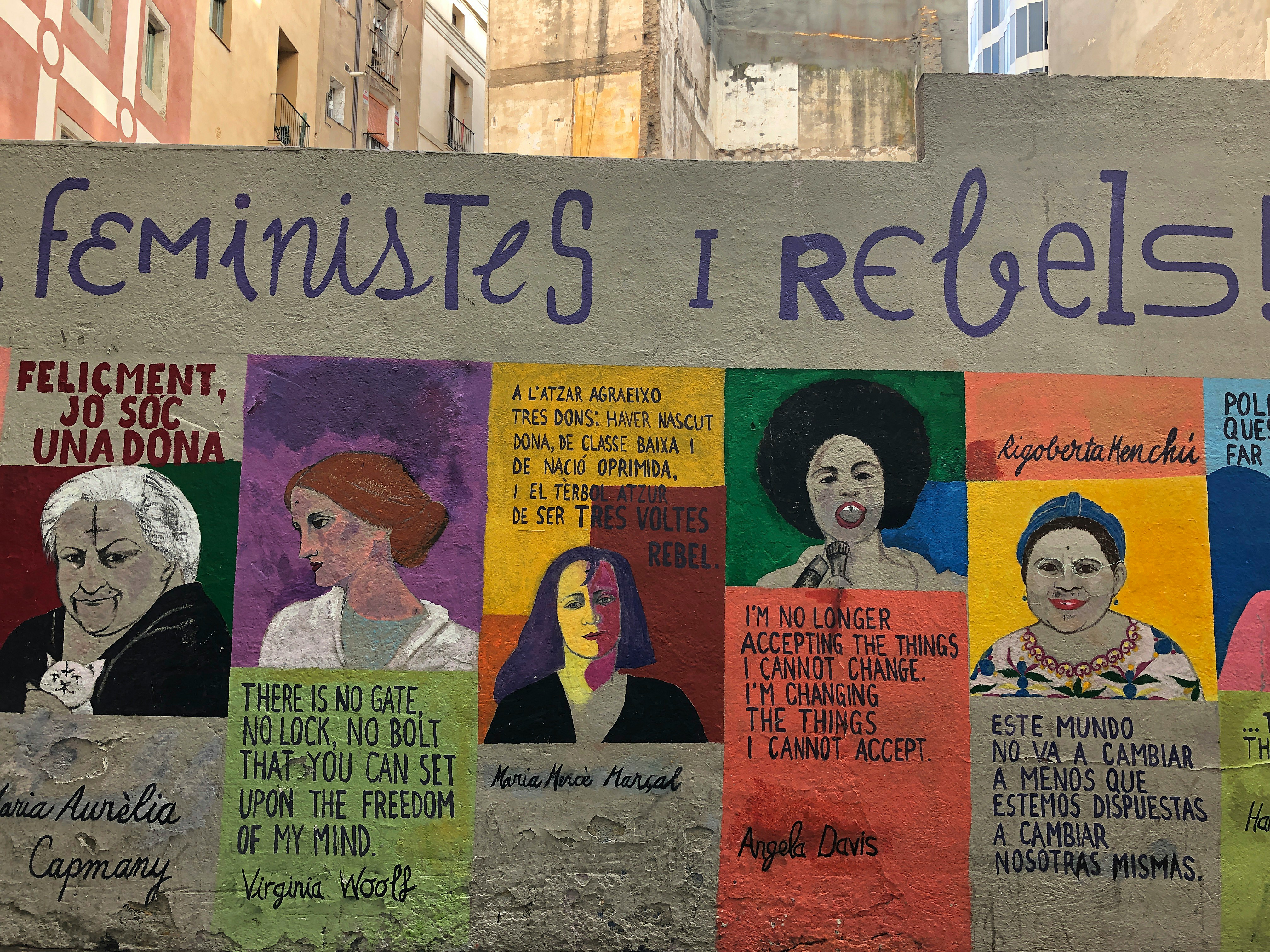 Mural on La Rambla in Barcelona Spain presenting various feminist icons and rebels