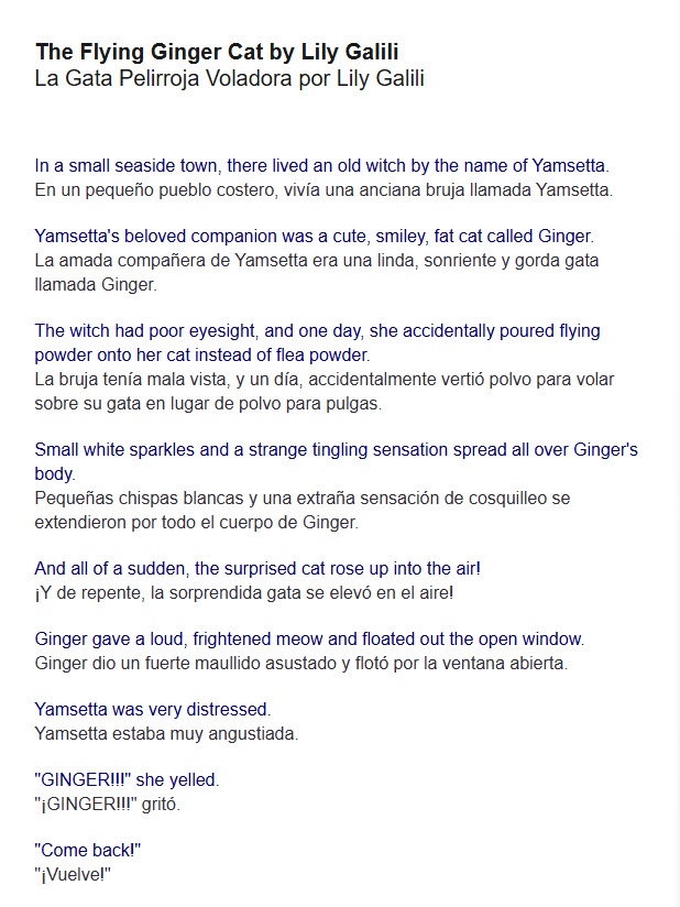 Example extract of a story with NeuroFluent paired English-Spanish sentences.