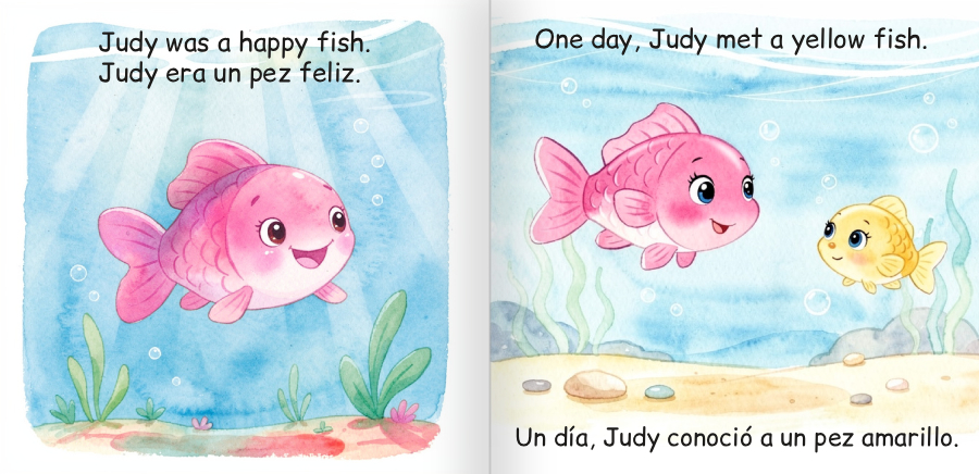 An illustrated kids' book depicts a pink fish and a yellow fish with the sentences "Judy was a happy fish. One day, Judy met a yellow fish." in both English and Spanish.