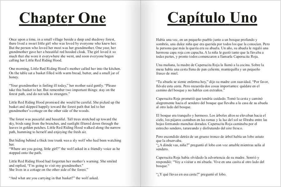 Example parallel text book where the left page displays the story in English and the right page features the same content in Spanish.