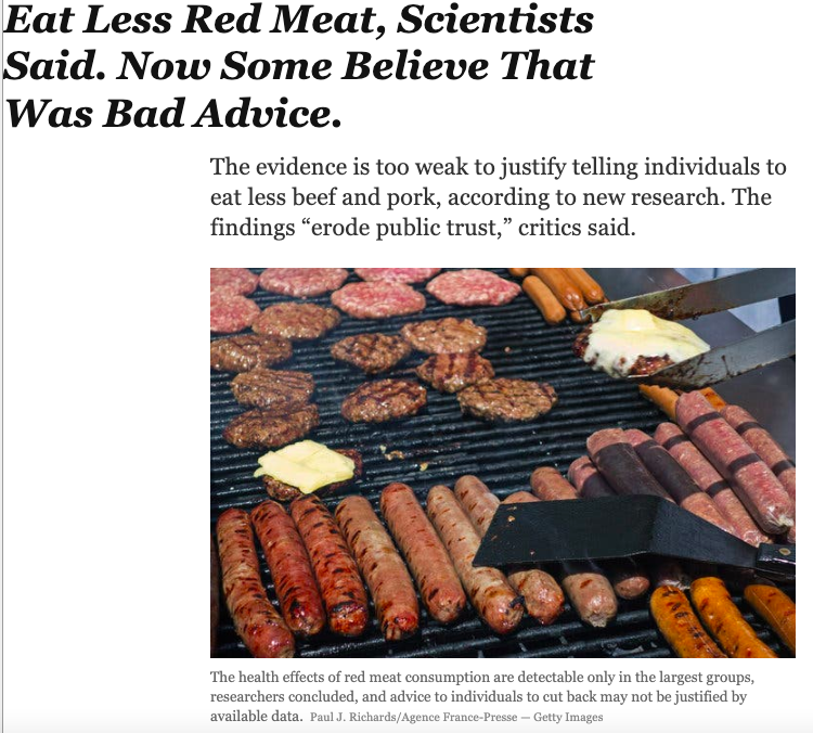 Artigo da New York times expressando dúvidas se estudos que recomendaram a comer menos carne vermelha eram confiáveis